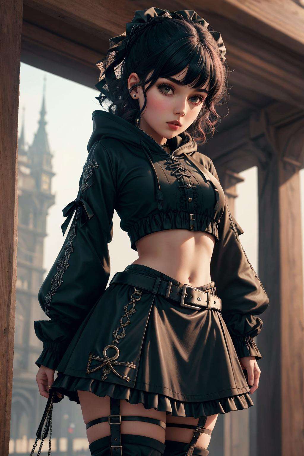 Masterpiece, absurdres,8k, extremely detailed, amazing, fine detail,correct anatomy,([hoodie|GothGal|DRK_Glam]::0.55),closeup,a woman wearing a GothGal_hoodie,leather belt, ribbon, frilled skirt,navel cutout, <lora:DarkHoodies:0.75>