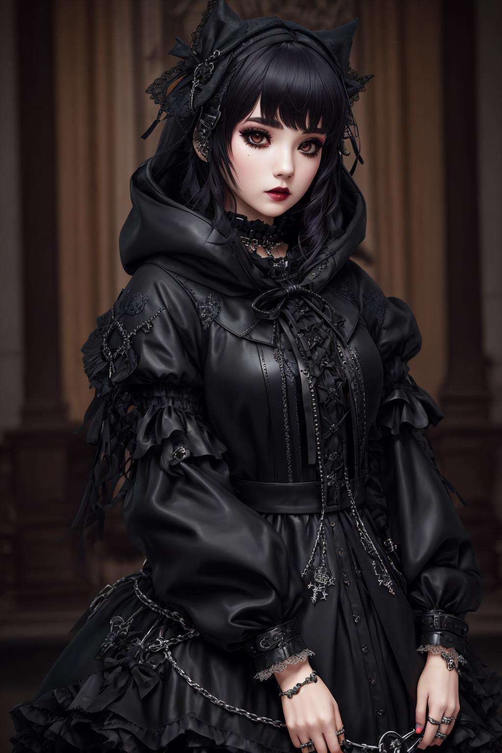 Masterpiece, absurdres,award winning photo, extremely detailed, amazing, fine detail,([hoodie|DRK_GLAM|GothGal]::0.5),DRK_GLAM,,a woman wearing a GothGal_hoodie, frills, ribbons, lace,skulls,iron chains,leather, <lora:DarkHoodies:0.75>