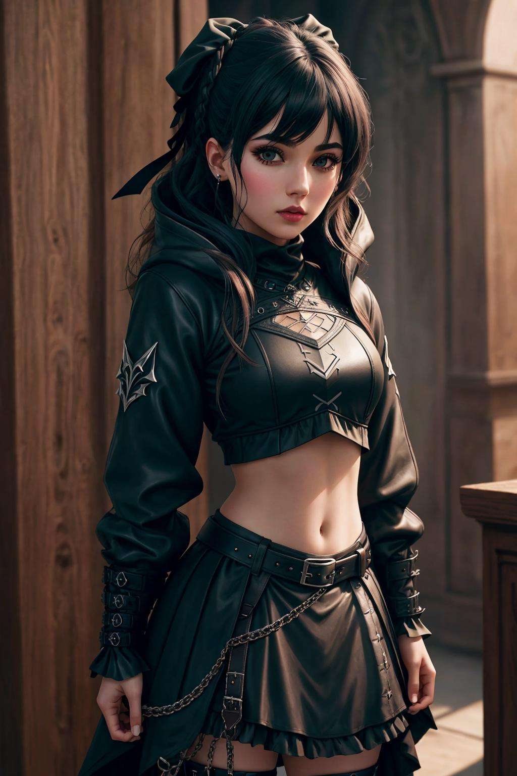 Masterpiece, absurdres,8k, extremely detailed, amazing, fine detail,correct anatomy,([hoodie|GothGal|DRK_Glam,armor]::0.55),closeup,dark armor,a woman wearing a GothGal_hoodie,leather belt, ribbon, frilled skirt,navel cutout, <lora:DarkHoodies:0.75>