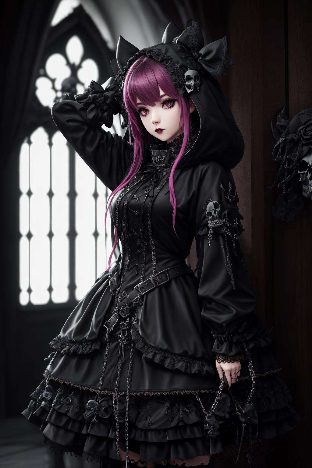 Masterpiece, absurdres,award winning photo, extremely detailed, amazing, fine detail,([hoodie|DRK_GLAM|GothGal]::0.5),DRK_GLAM,,a woman wearing a GothGal_hoodie, frills, ribbons, lace,((skulls)),iron chains,leather, <lora:DarkHoodies:0.75>