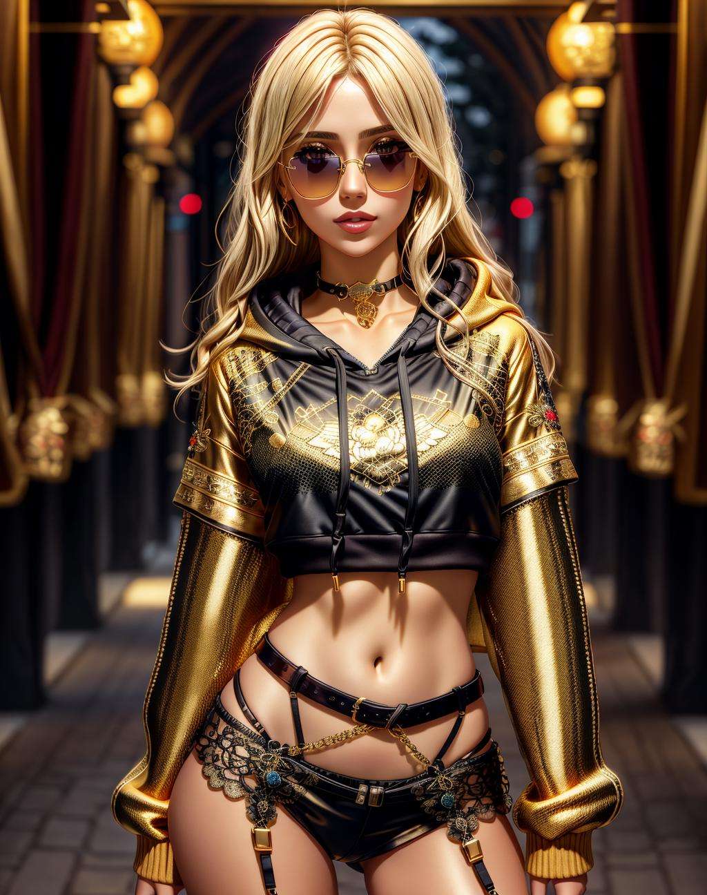 solo,1girl,4K, Masterpiece, highres, absurdres,blonde Nadia with sunglasses and a chokerhoodie, edgNoire, a woman in a sheer see through ([black dress, short skirt|hoodie]::0.5),  posing for a picture ,wearing edgNoire _(hoodie,leather belt, golden embroidery:1.2)<lora:edgNoireHoodies:0.8> <lora:Nadia:0.45>