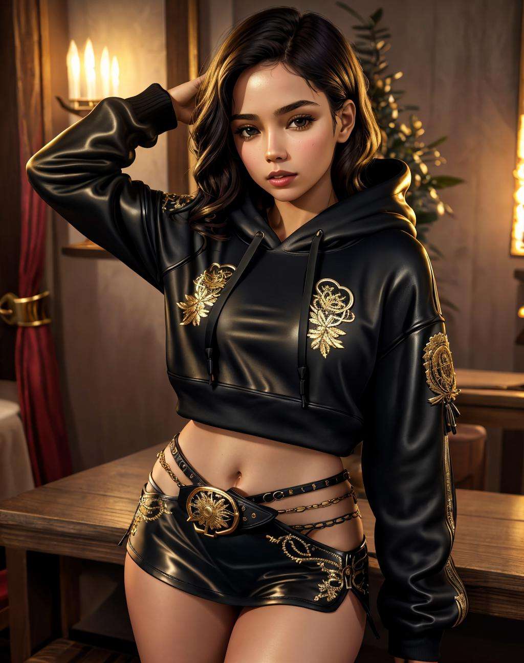 solo,1girl,4K, Masterpiece, highres, absurdres,hoodie, edgNoire, a woman in a sheer see through ([black dress, short skirt|hoodie]::0.5),  posing for a picture ,wearing edgNoire _(hoodie,leather belt, golden embroidery:1.2)<lora:edgNoireHoodies:0.8>