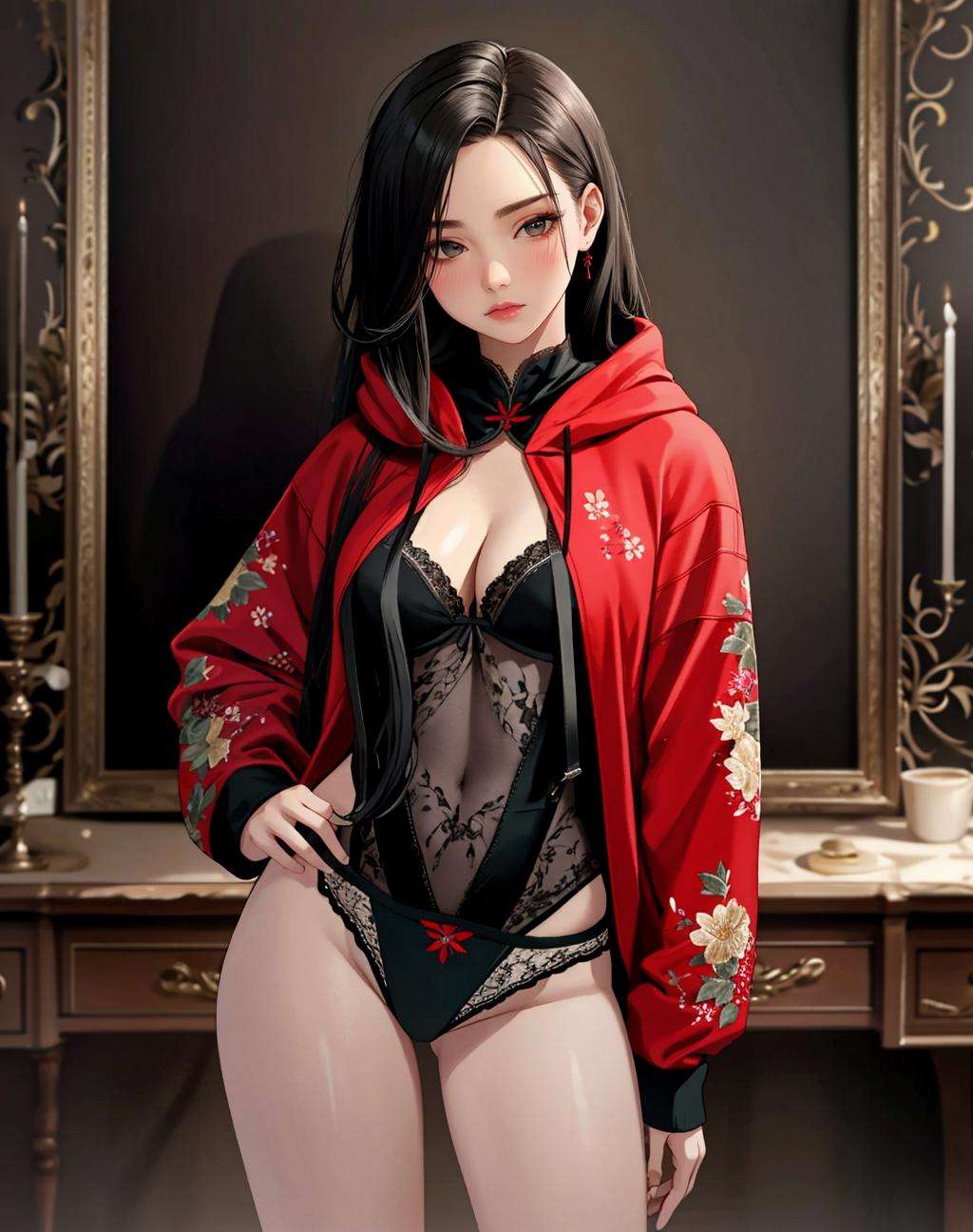 ((Masterpiece, best quality,photography, detailed skin, realistic, photo-realistic, 8k, highly detailed, full length frame, High detail RAW color art, diffused soft lighting, shallow depth of field, sharp focus, hyperrealism, cinematic lighting,close up))hoodie,edgCoquine, a woman in a ((black lingerie))_hoodie posing for a picture ,wearing edgCoquine_hoodie, red floral embroidery, <lora:CoquineHoodies:0.8>