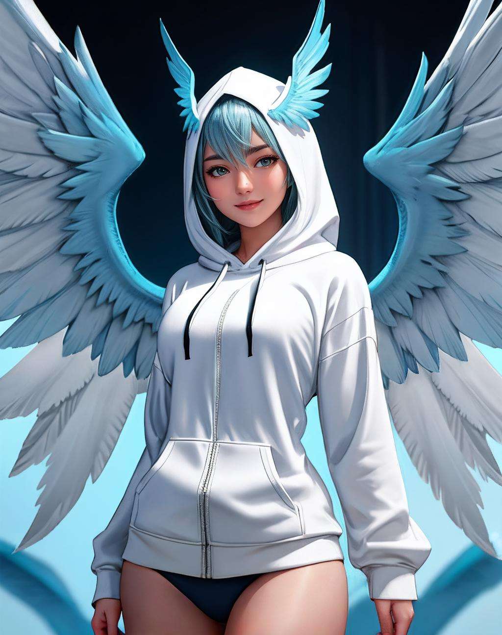 ((Masterpiece, best quality)),photography, detailed skin, realistic, photo-realistic, 8k, highly detailed, full length frame, High detail RAW color art, diffused soft lighting, shallow depth of field, sharp focus, hyperrealism, cinematic lighting,smiling,edgGaruda_hoodie, a white and blue bird_woman with wings wearing an (oversize hoodie) ,wearing edgGaruda_hoodie <lora:edgGarudaHoodies:0.775>