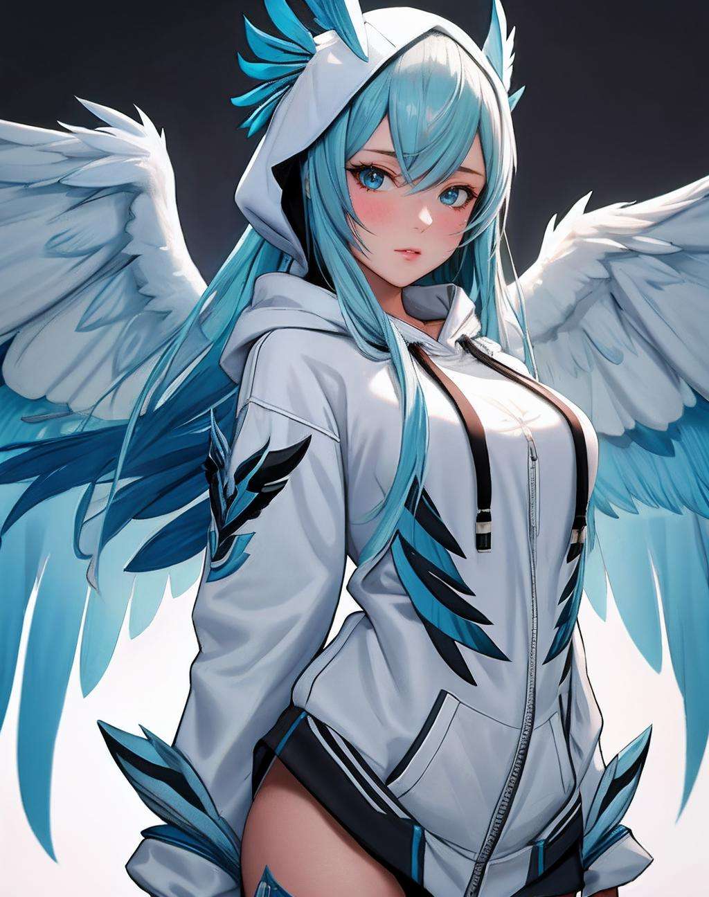 ((Masterpiece, best quality)),photography, detailed skin, realistic, photo-realistic, 8k, highly detailed, full length frame, High detail RAW color art, diffused soft lighting, shallow depth of field, sharp focus, hyperrealism, cinematic lightingedgGaruda_hoodie, a white and blue bird_woman with wings wearing an (oversize hoodie) ,wearing edgGaruda_hoodie <lora:edgGarudaHoodies:0.775>