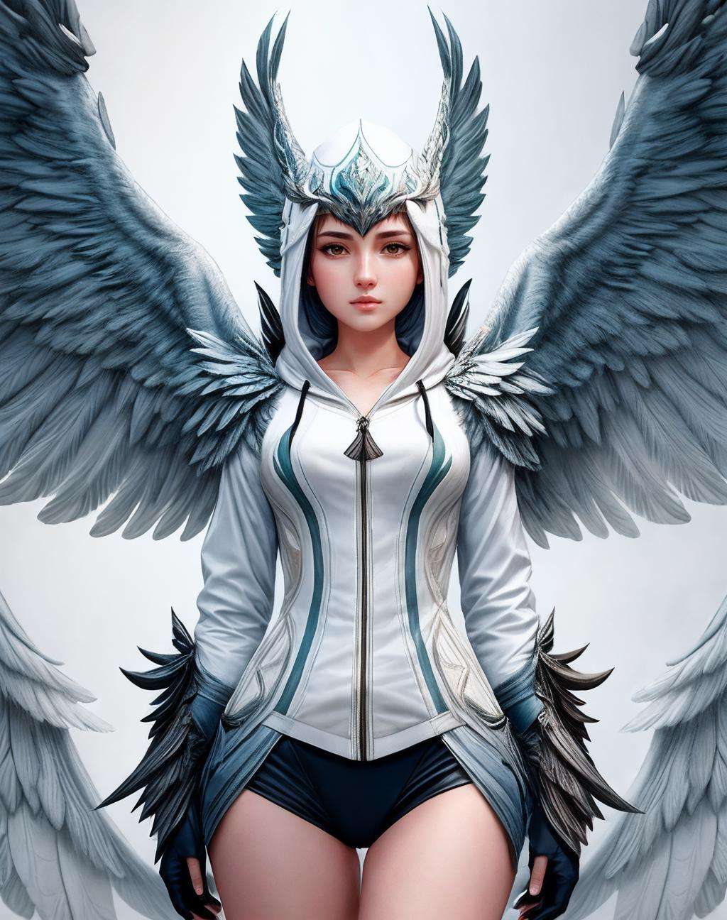 ((Masterpiece, best quality)),photography, detailed skin, realistic, photo-realistic, 8k, highly detailed, full length frame, High detail RAW color art, diffused soft lighting, shallow depth of field, sharp focus, hyperrealism, cinematic lightingedgGaruda_hoodie, a white and blue bird_woman with wings wearing an (oversize hoodie) ,wearing edgGaruda_hoodie <lora:edgGarudaHoodies:1>