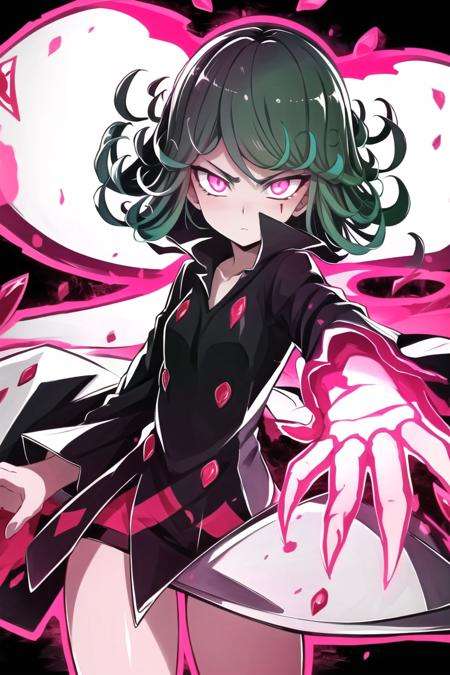 best quality, (Masterpiece),intricate, detailed,  simple background , tatsumaki,  <lora:tatsumaki:0.7>, <lora:BloodSkelterStyle-30:0.8>,Blood_Skelter, glowing eyes, pink blood,  fire,cowboy shot, 