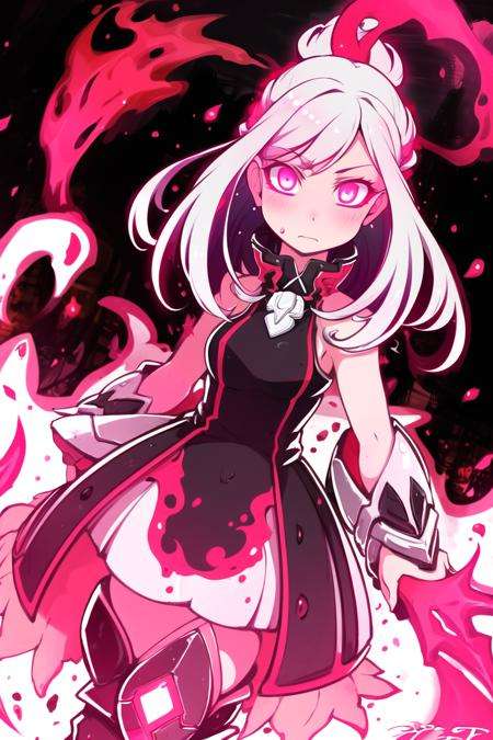 best quality, (Masterpiece),intricate, detailed,  simple background ,  <lora:BloodSkelterStyle-30:0.8>,Blood_Skelter, glowing eyes, pink blood,  fire,cowboy shot,  <lora:IbukichiStyle-20:0.8>,1girl, 