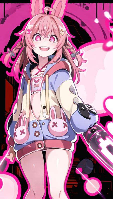 medium shot, tilted perspective, glow, bloom, grin, small pupils, looking at viewer, open mouth,, Positive: <lora:char-pippa:0.8>, 1girl, pink hair, braids, pink eyes, rabbit ears, slit eyes, jacket, hoodie, shorts, slippers, bold lighting, bold outlines, bold shading, colored outlines, thick outside outlines, thin inside outlines, masterpiece, sidelighting,, <lora:BloodSkelterStyle-30:0.8>, Blood_Skelter, glowing eyes, pink blood, fire, intricate,