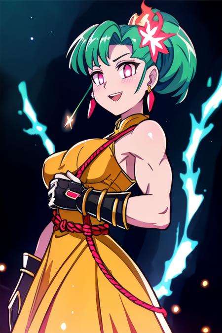 <lora:BloodSkelterStyle-30:0.9> Blood_Skelter, pink blood, glowing eyes, fire, SFW, 1Girl, Adult, (muscular Moldovan:1.2) woman, large breasts, medium light green dido flip hairstyle, wearing yellow gown outfit, diamond jewelry, Metallic Metal Gauntlets accents, glowing iris, white eyes, proud expression, alluring exuberant moonlight ambience with rope bridge background, depth of field, bokeh, god rays, vivid colors, cinematic hard lighting, smooth shadows, (otherworldly:0.75) (wxedh:1.0) (mjkoaoxcvi:0.9375) (sparks:1.25) (zfens:1.0625) (xqskbfitma:1.25) (coastal desert:1.1875) (vkihg:1.25) (bxemn:1.25) (vfehspowgl:1.1875) (oafuzjkwkj:1.0625) (planetarium:0.8125)