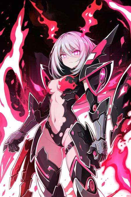 best quality, (Masterpiece),intricate, detailed,  simple background ,  <lora:BloodSkelterStyle-30:0.8>,Blood_Skelter, glowing eyes, pink blood,  fire,cowboy shot,  mecha, 