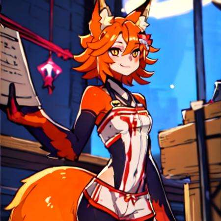 sen, animal ears, fox ears, fox girl, fox tail, hair flower, hair ornament, orange eyes, orange hair, short hair, tail,<lora:senkoLora_v4:0.5>, Beautiful Art Style, 1girl, young woman, looking at viewer, foxy, office, contrapposto, spider-woman costume, rito, winged-arms, <lora:ritoBotwLora_v1:0.8>,  Blood_Skelter,<lora:BloodSkelterStyle-30:0.8>