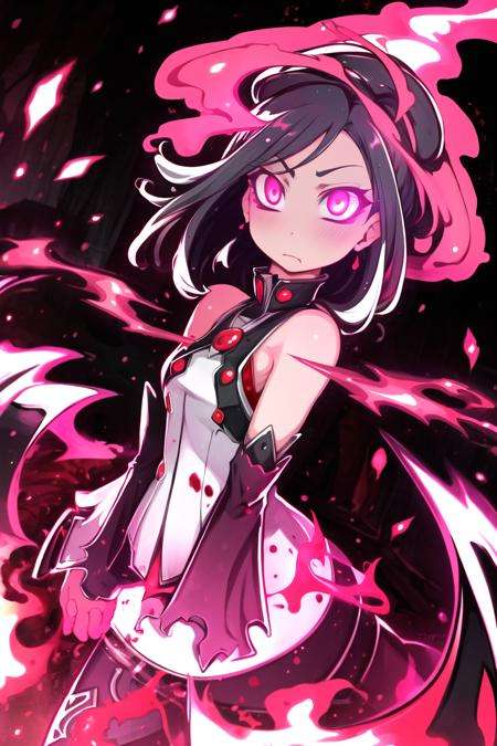 best quality, (Masterpiece),intricate, detailed,  simple background ,  <lora:BloodSkelterStyle-30:0.8>,Blood_Skelter, glowing eyes, pink blood,  fire,cowboy shot,  <lora:IbukichiStyle-20:0.8>,1girl, 