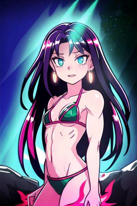 <lora:BloodSkelterStyle-30:0.9> Blood_Skelter, pink blood, glowing eyes, fire, SFW, 1Girl, Adult, (muscular Jamaican:1.2) woman, sagging small breasts, long purple perm hairstyle, wearing pink petticoat outfit, tigers eye jewelry, Bikini Armor accents, glowing iris, blue-green eyes, playful expression, harsh striking clouds ambience with temperate rainforest background, depth of field, bokeh, god rays, vivid colors, cinematic hard lighting, smooth shadows, (indelicate:1.25) (zmupr:0.9375) (jrncpgtayj:0.8125) (outside:0.75) (nrizd:1.1875) (ekwsvvlkcv:0.875) (tropical steppe:1.1875) (rsuft:1.0) (wwikk:0.8125) (zqkatxwsid:0.8125) (migmbudchd:1.1875) (bed room:0.8125)