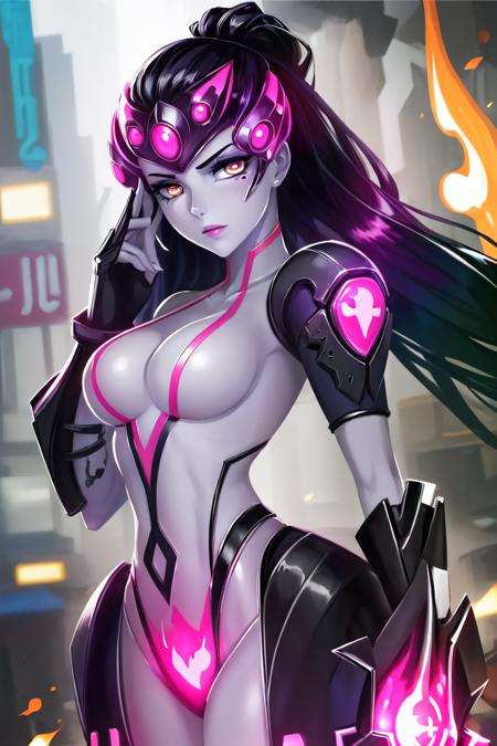 (best quality, masterpiece1.2), detailed,1girl,  <lora:BloodSkelterStyle-30:0.8>, Blood_Skelter, glowing eyes, pink blood,  fire ,  <lora:Wrise_Widowmaker:0.6>,widowmaker \(overwatch\), 