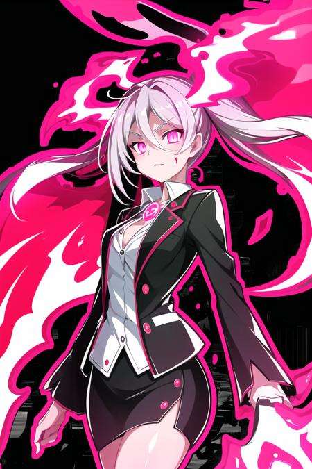 best quality, (Masterpiece),intricate, detailed,  simple background ,  <lora:BloodSkelterStyle-30:0.8>,Blood_Skelter, glowing eyes, pink blood,  fire,cowboy shot, office lady, 