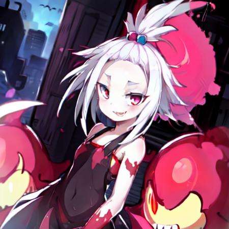 roxie \(pokemon\), topknot, forehead, <lora:roxiePokemonBW2Lora_v10:0.7>, Beautiful Art Style, 1girl, young woman, looking at viewer, good-looking, factory, head down, vampire costume, Xennos,<lora:Xennos-v2-768-2900:0.7>,  Blood_Skelter,<lora:BloodSkelterStyle-30:0.8>