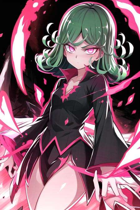 best quality, (Masterpiece),intricate, detailed,  simple background , tatsumaki,  <lora:tatsumaki:0.7>, <lora:BloodSkelterStyle-30:0.8>,Blood_Skelter, glowing eyes, pink blood,  fire,cowboy shot, 