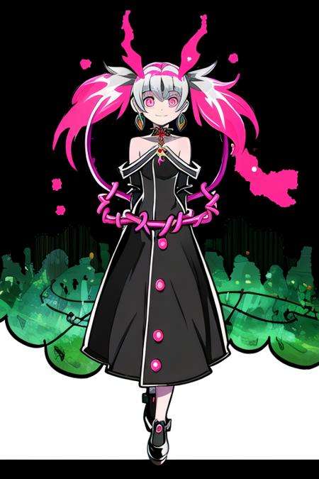 <lora:BloodSkelterStyle-30:0.9> Blood_Skelter, pink blood, glowing eyes, fire, SFW, 1Girl, Adult, (cute Spanish:1.2) woman, medium breasts, very short green twintails hairstyle, wearing black maxi dress outfit, zircon jewelry, Armored Dress accents, glowing pupils, white eyes, satisfied expression, outlandish seductive city aura with grassland background, depth of field, bokeh, god rays, vivid colors, cinematic hard lighting, smooth shadows, (whimsical:1.0625) (tjabx:0.875) (raxzzrqewj:1.0625) (vines:1.25) (gjyms:1.1875) (wgtrohzrmm:0.8125) (subtropical desert:0.8125) (pmyhc:0.875) (cpefx:0.8125) (znlhrdugui:1.0) (cialxwphfv:1.0625) (gas station:0.9375)