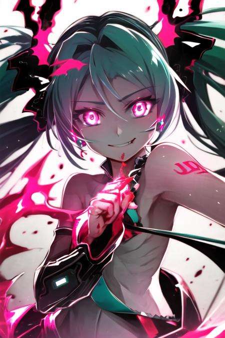 (best quality, masterpiece1.2), detailed,1girl, solo,looking at viewer, uwu,   curvy, upper body,  close-upstanding ,smile ,detailed eyes ,  detailed  face,realistic, adorable face , cute, hatsune miku, long eyelashes,nude,<lora:beautifulDetailedEyes:0.5>,elbow hand out of frame,    <lora:BloodSkelterStyle-30:1>, Blood_Skelter, glowing eyes, pink blood,  fire, energy, 