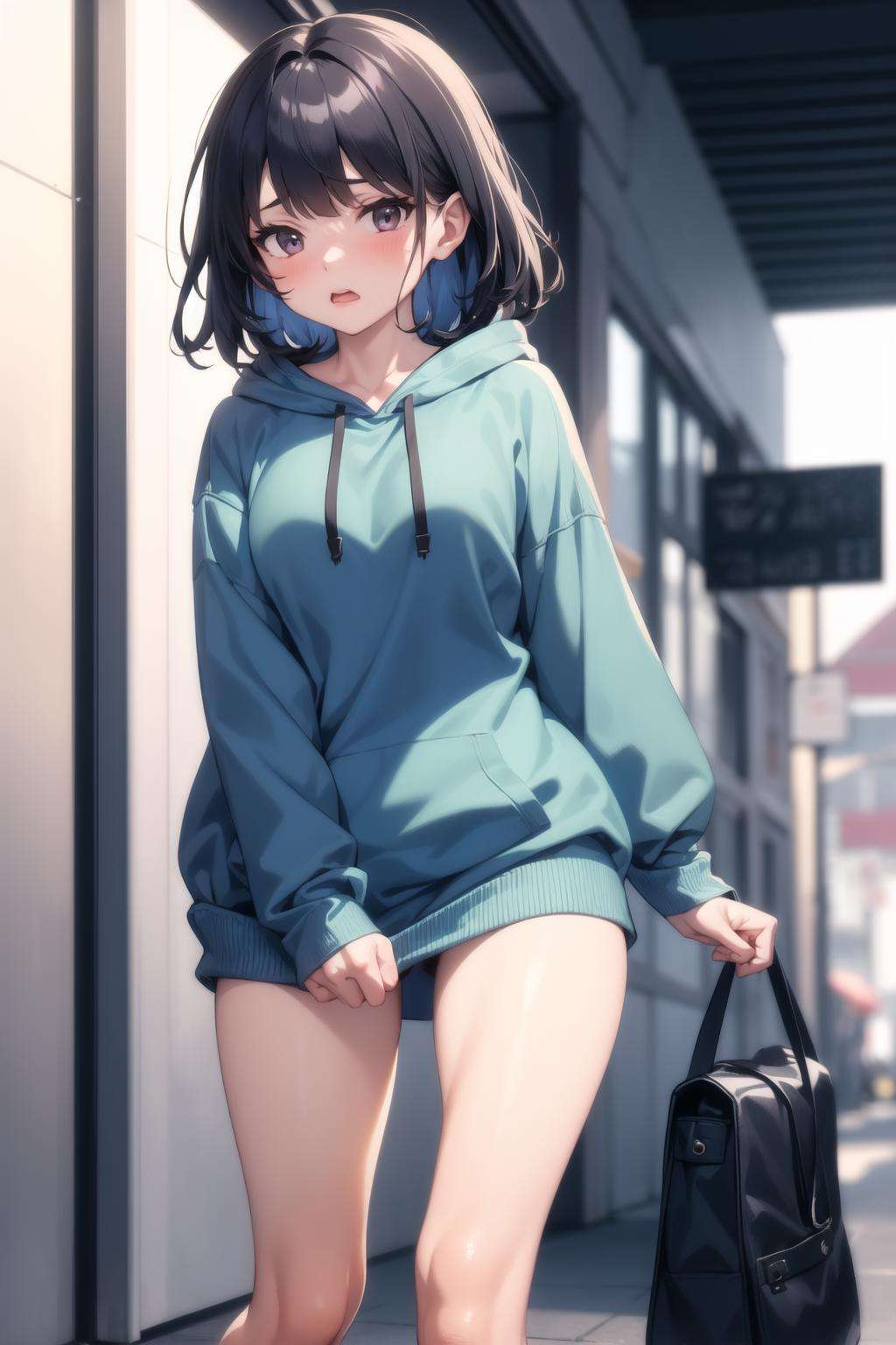 <lora:skirt_tug_v0.1:1.0>1girl, clothes tug, oversized clothes, hoodie, naked hoodie, sweater tug, wind, implied pantyshot,, masterpiece, best quality, highly detailed