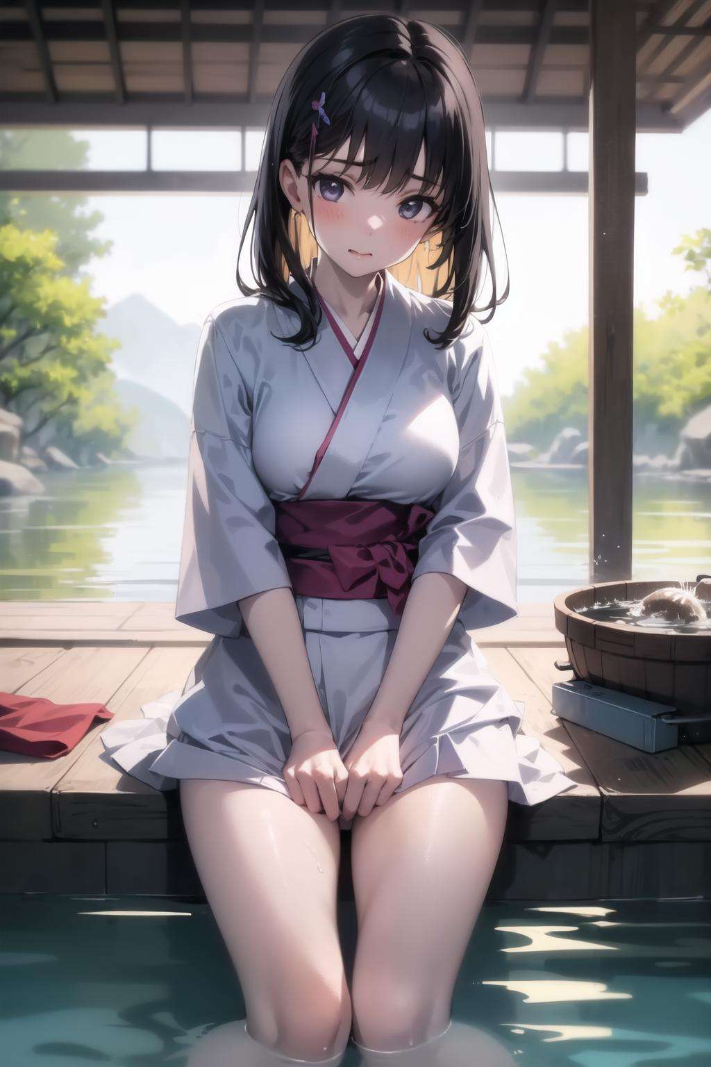 <lora:skirt_tug_v0.1:1.0>1girl, clothes tug, skirt tug, dress tug, bathhouse, partially submerged, white kimono,, masterpiece, best quality, highly detailed