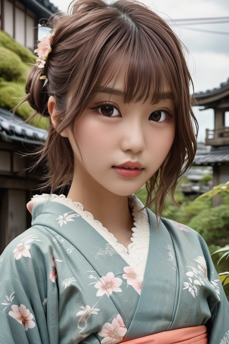 A beautiful girl,Petite girl, Young, Japanese, beautifu hair, raw photo, best quality, masterpiece, (Realistic:1.6), dressed in kimono, Ultra-detailed, soft light, 80 mm, f22. A post-apocalyptic cityscape with crumbling buildings and overgrown vegetation creates a dystopian atmosphere. Trending on Art Station Pixel for its evocative storytelling, high detail, and aesthetic appeal. SLR camera, complex details.,tadai_mahiro