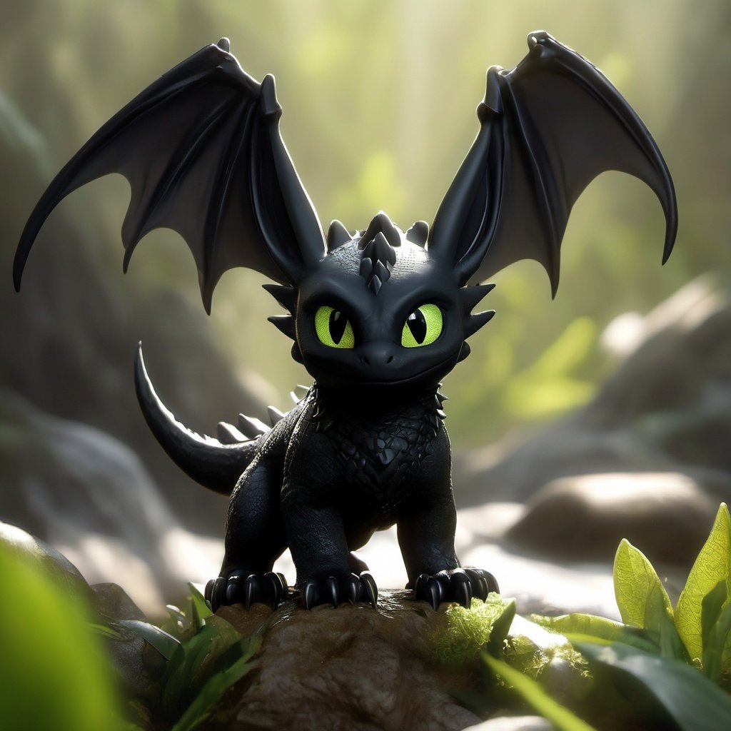 uploaded on e621, ((by Nicola Samori, by Zack Snyder, by Scavy)),solo (quadruped feral:1.35) ((chibi toothless)) with ((black body)) and (black claws) and ((membranous wings)) and (clear yellow green eyes),((detailed glistening scales)), (looking at viewer, three-quarter portrait:1.2),BREAK((mist mountain with plant and waterfall)), (fog, mist),(detailed background, depth of field, half body shadow, sunlight, ambient light on the body),(masterpiece, best quality, ultra realistic, 4k, 2k, (intricate:0.9), (high detail:1.3),(3d \(artwork\):1.15), blender \(software\), soft focus, ray tracing, (unreal engine:1.3), absurd res)