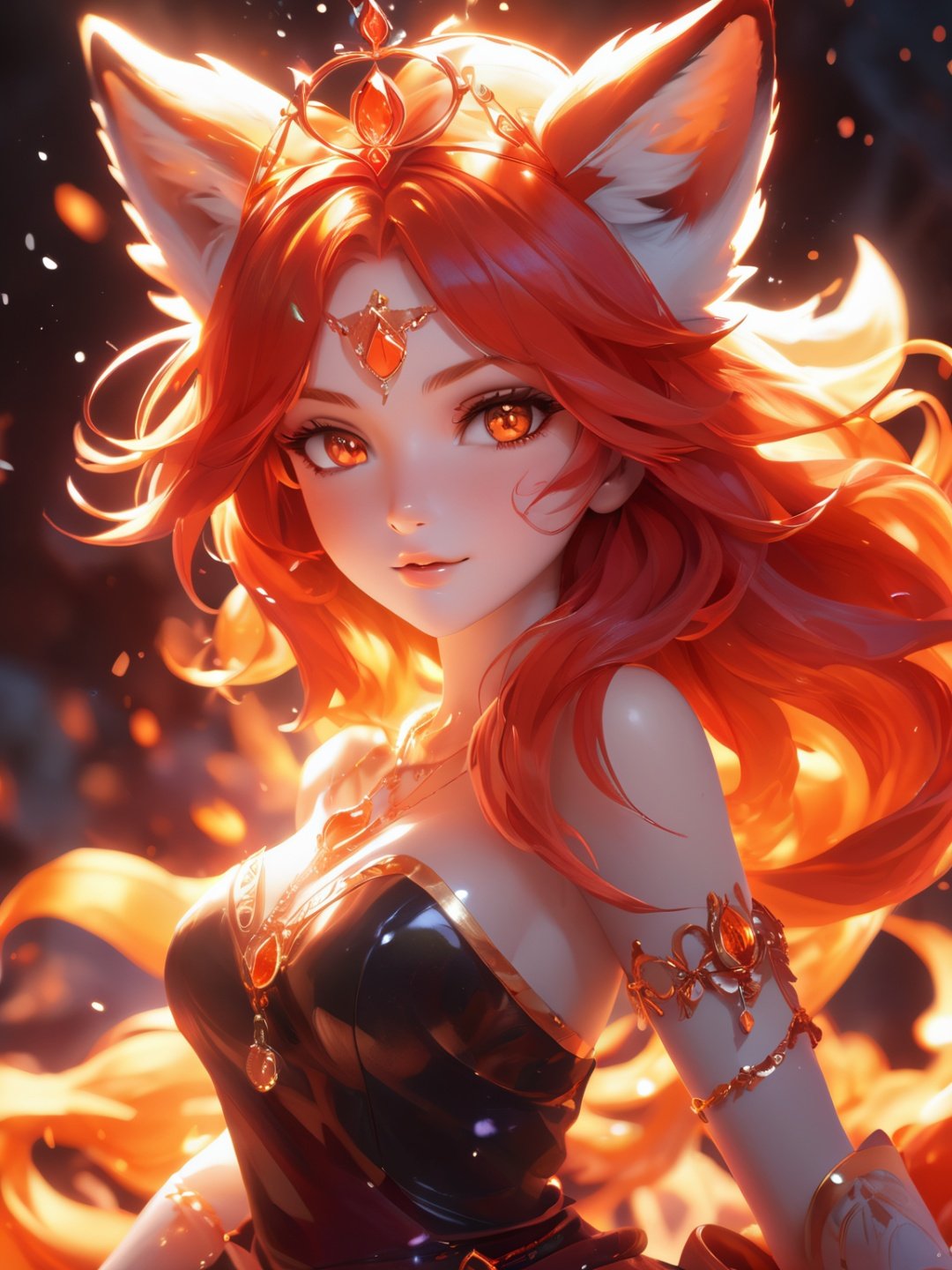 (cute flame foxy, flaming veins, flaming crown), red and orange tones, (masterpiece, best quality, ultra-detailed, best shadow), (detailed background, fantasy), princess cloth, (beautiful detailed face), high contrast, (best illumination, an extremely delicate and beautiful), ((cinematic light)), colorful, hyper detail, dramatic light, intricate details, (1girl, 20 year old, solo, red hair, sharp face, amber eyes, hair between eyes,dynamic angle), blood splatter, swirling black light around the character, depth of field, light particles,(broken glass),magic circle, (full body), Spirit Fox Pendant