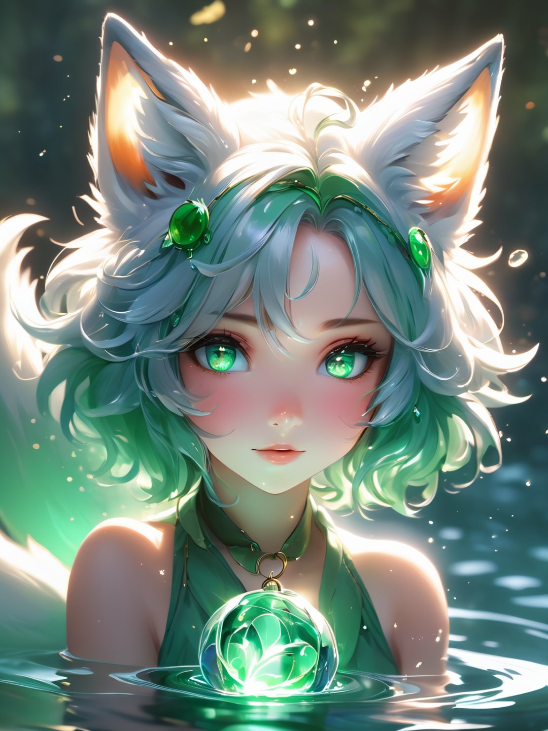 (cute water foxy), grey and white tones, (masterpiece, best quality, ultra-detailed, best shadow), (detailed background, high fantasy), (beautiful detailed face), high contrast, (best illumination, an extremely delicate and beautiful), ((cinematic light)), colorful, hyper detail, dramatic light, intricate details, (2girl, pair, blue and green hair, sharp face, amber eyes, hair between eyes,dynamic angle), blood splatter, swirling green light around the character, depth of field, light particles,(broken glass),magic circle, (full body), Spirit Fox Pendant,Beautiful Eyes,the whole body