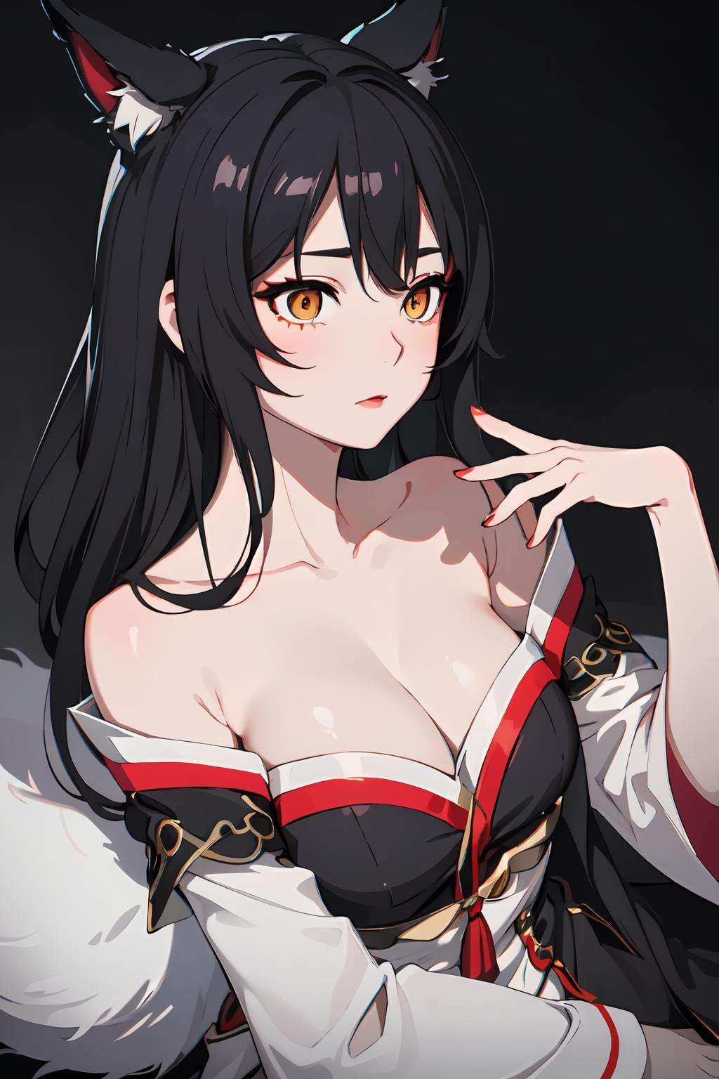 Best quality, masterpiece, ultra high res, (photorealistic:1.4), raw photo, 1girl, offshoulder, in the dark, deep shadow, low key, cold light, AHRI_COSPLAY, WHITE TAILS, BLACK LONG HAIR, YELLOW EYES <lora:FilmG2:0.5:1,0,0,0,0,0,0,0,0,0,0,0.8,1,1,1,1,1>, <lora:Ahri_Cosplay:1:1,1,1,1,1,0,0,0,1,1,1,1,1,1,1,0,0>,fix,good hands,<lora:add_detail:0.3:1,0,1,1,0.2,0,0,0,0,0,0,0,0,0,0,0,0>,<lora:Color Separation_B_1.1:1>,fix,good hand