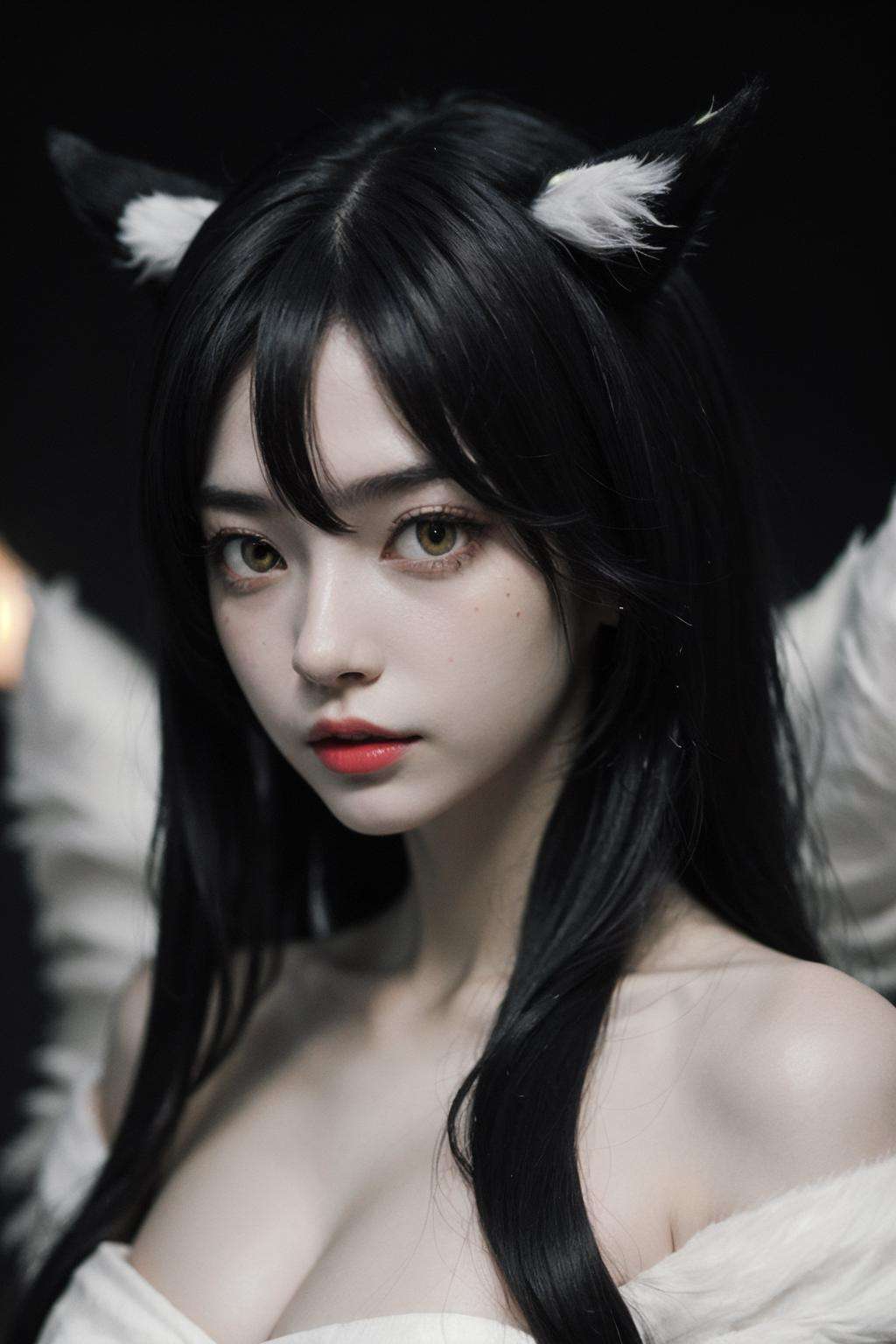 Best quality, masterpiece, ultra high res, (photorealistic:1.4), raw photo, 1girl, offshoulder, in the dark, deep shadow, low key, cold light, AHRI_COSPLAY, WHITE TAILS, BLACK LONG HAIR, YELLOW EYES, <lora:Ahri_Cosplay:1:1,1,1,1,1,0,0,0,1,1,1,1,1,1,1,0,0>,fix,good hands,<lora:add_detail:0.3:1,0,1,1,0.2,0,0,0,0,0,0,0,0,0,0,0,0>,<lora:Color Separation_B_1.1:1>