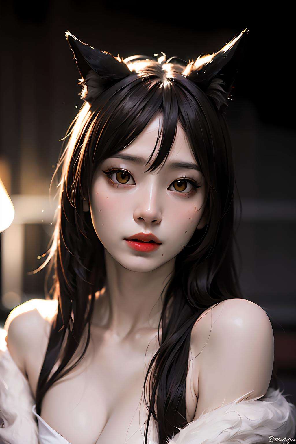 Best quality, masterpiece, ultra high res, (photorealistic:1.4), raw photo, 1girl, offshoulder, in the dark, deep shadow, low key, cold light, AHRI_COSPLAY, WHITE TAILS, BLACK LONG HAIR, YELLOW EYES, <lora:Ahri_Cosplay:1:1,1,1,1,1,0,0,0,1,1,1,1,1,1,1,0,0>,fix,good hands,<lora:add_detail:0.3:1,0,1,1,0.2,0,0,0,0,0,0,0,0,0,0,0,0>,<lora:Color Separation_B_1.1:1>