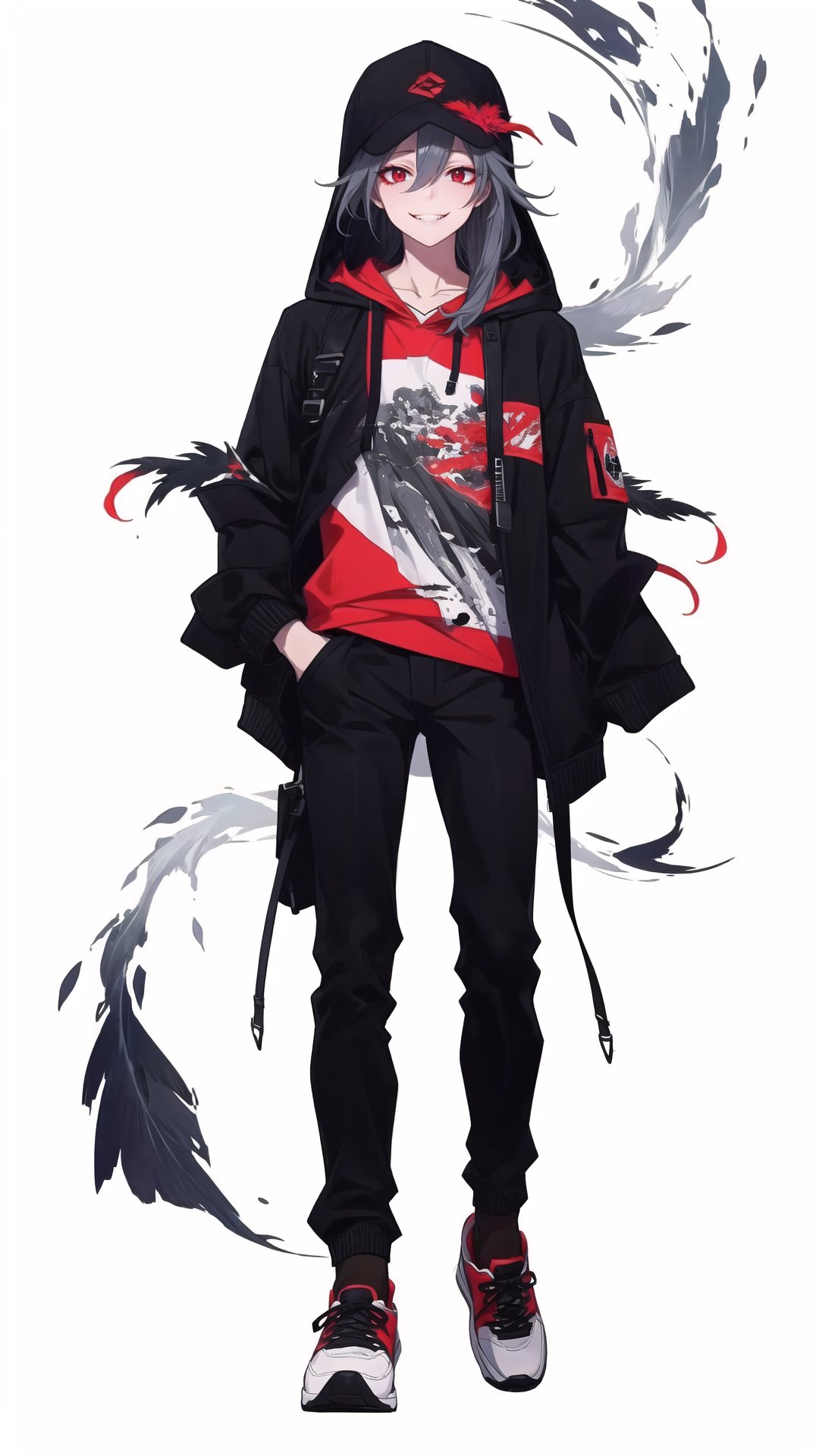 masterpiece:1.3), (the best quality:1.2), (super fine illustrations:1.2), (Masterpiece), high quality, high detail, (white background:1.2), looking at viewer, (SOLO:1.4), outline, simple background,full body, red eyes,grey hair,multicolored hair,black feathers,black jacket,red shirt,hood up,black headwear,sleeves past wrists,black baseball cap,clothes writing,black footwear,sneakers,long hair,shoes,long sleeves,streaked hair,open jacket,open clothes,black pants,hoodie,hooded jacket,hood,hair between eyes, evil grin,fu hua