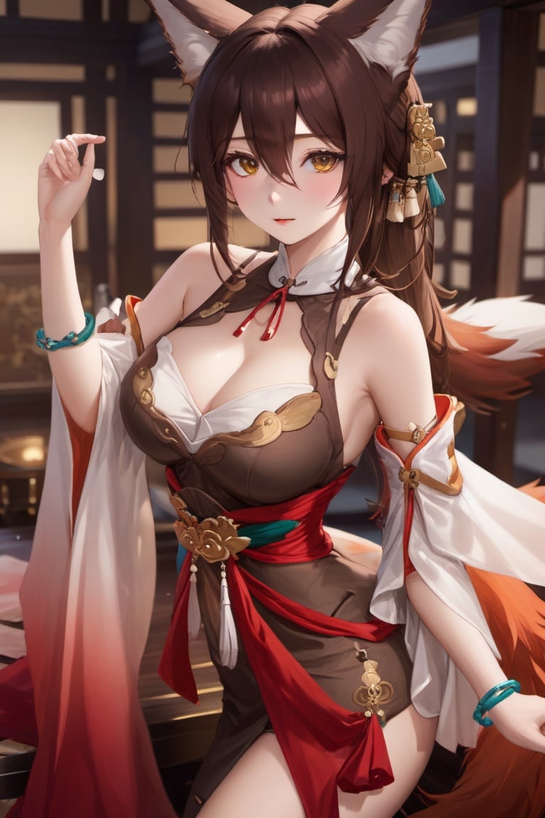 Japanese clothes, dress, detached sleeves, breasts, cleavage cutout, brown hair, fox tail, wide sleeves, bracelet, detailed beautiful eyes, (realistic:1.4), long hair, symmetry eyesdepth of field, masterpiece, best quality, 1girl, looking at viewer, 