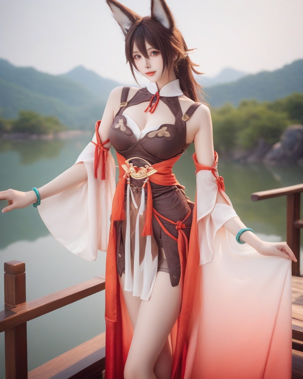 standing, thick legs, thick limbs, chinese lake background, detached sleeves, breasts, cleavage cutout, brown hair, fox tail, detailed beautiful eyes, detailed pupils, smooth face, (realistic:1.5), long hair, wide sleeves, japanese clothes, bracelet, symmetry eyes, barefoot,depth of field, best quality, girl, (looking at viewer:1.1), <lora:TingYunSDXLwith7:0.8>