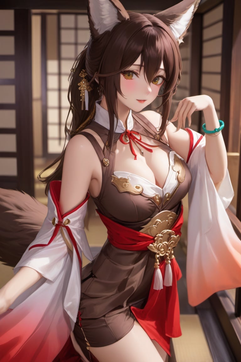 Japanese clothes, dress, detached sleeves, breasts, cleavage cutout, brown hair, fox tail, wide sleeves, bracelet, detailed beautiful eyes, (realistic:1.4), long hair, symmetry eyesdepth of field, masterpiece, best quality, 1girl, looking at viewer, 