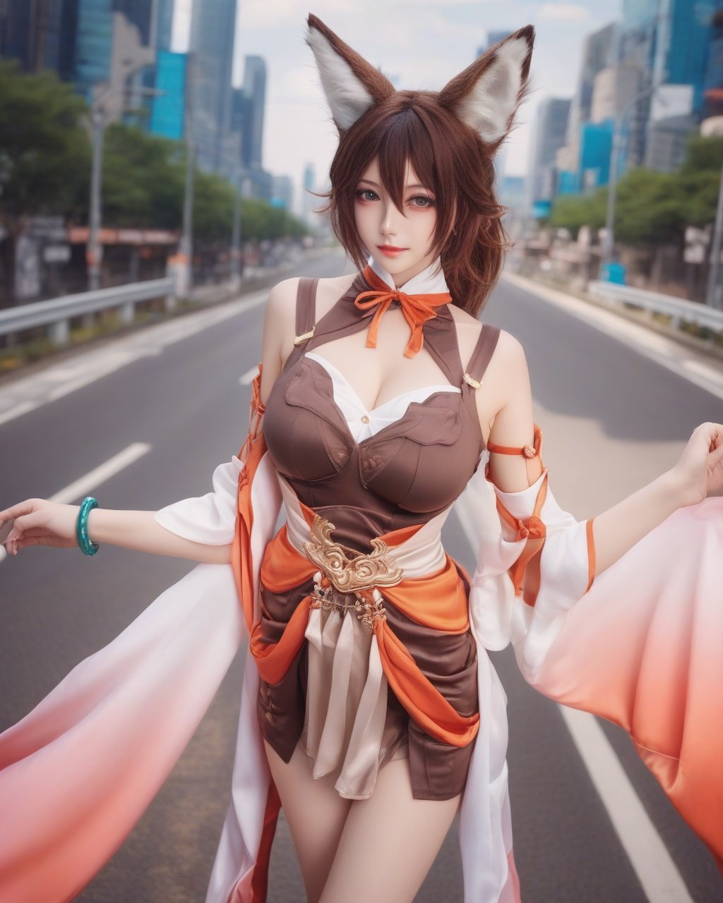 thick legs, thick limbs, standing on road, cityscape, detached sleeves, breasts, cleavage cutout, brown hair, fox tail, detailed beautiful eyes, detailed pupils, smooth face, (realistic:1.5), long hair, wide sleeves, japanese clothes, bracelet, symmetry eyes,depth of field, best quality, girl, (looking at viewer:1.1), <lora:TingYunSDXLwith7:0.8>