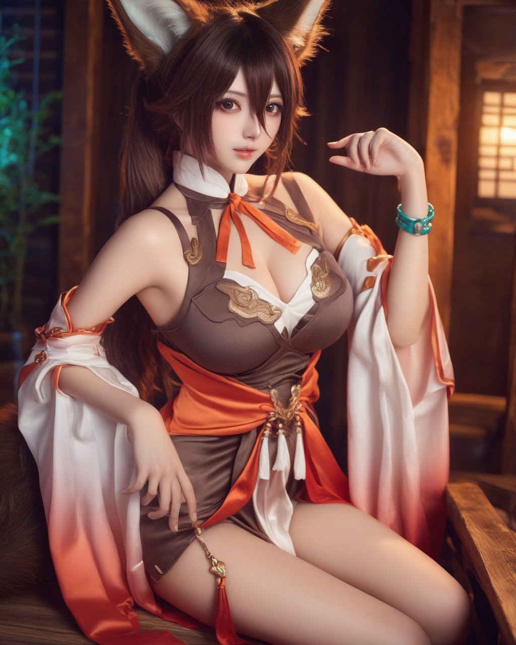 thick legs, thick limbs, night, portrait,realistic photoshop, detached sleeves, breasts, cleavage cutout, bracelet, brown hair, fox tail, detailed beautiful eyes, detailed pupils, smooth face, (realistic:1.5), long hair, wide sleeves, japanese clothes, symmetry eyes, upper body, detailed background, iamge noise,best quality, girl, (looking at viewer:1.1), <lora:TingYunSDXLwith7:0.8>