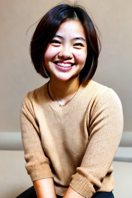 Zwx woman, Portrait, asian, short hair, bob_cut, 1 girl,  15 yo, very round cheeks,  slighty_chubby, brown hair, raw, hi-res, shiny skin, snob, witty smile