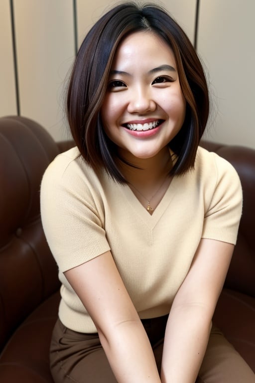 Zwx woman, Portrait, asian, short hair, bob_cut, 1 girl,  26 yo, very round cheeks,  slighty_chubby, brown hair, raw, hi-res, shiny skin, snob, witty smile