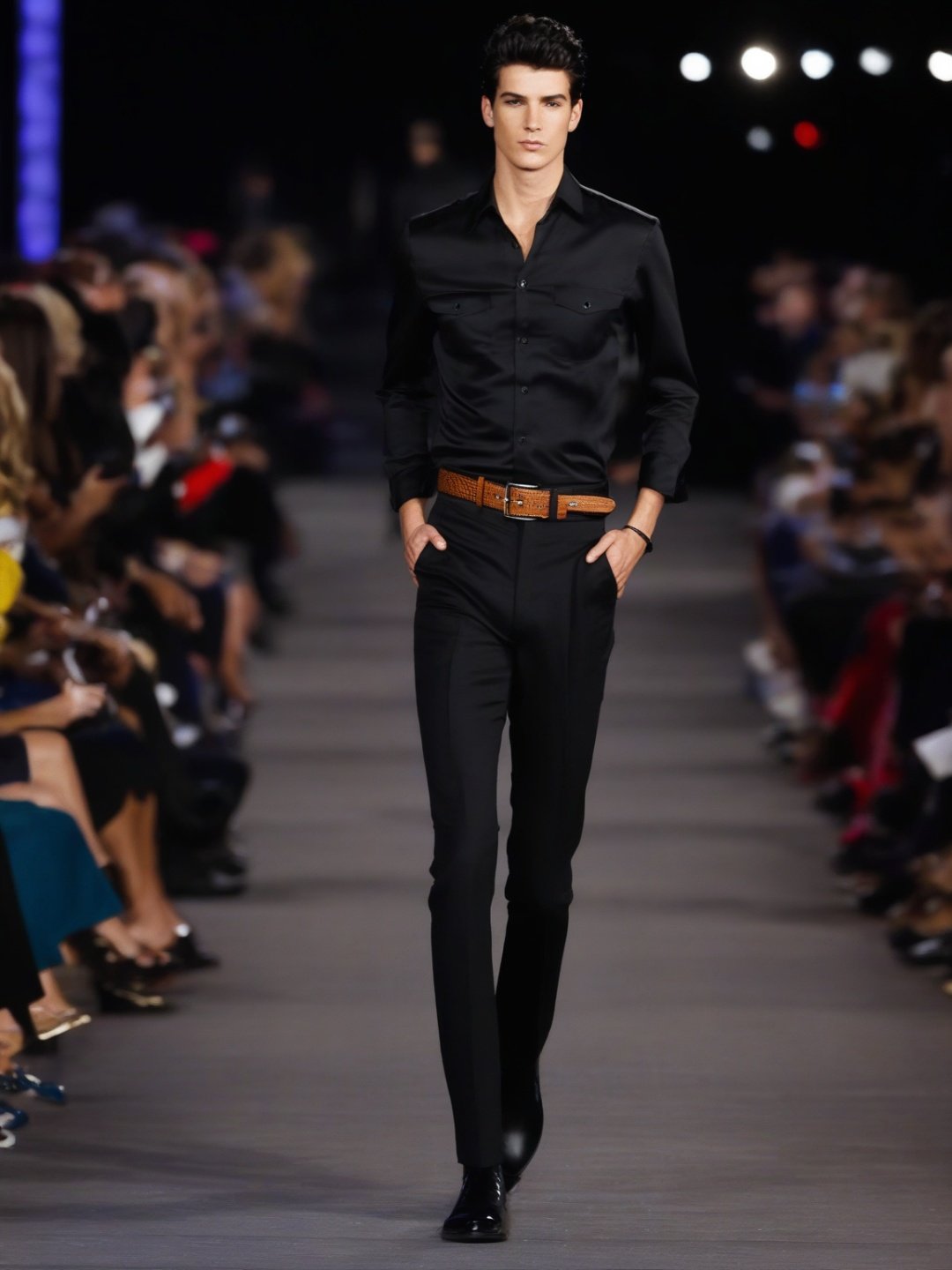 sprsum, a man walking on runway,walking, pants, belt, shirt, crowd, black shirt, solo focus, hand in pocket, looking at viewer,  black hair, male focus, people, 1boy, black pants, brown hair, black footwear, crosswalk, full body, standing <lora:ss20s:0.6>