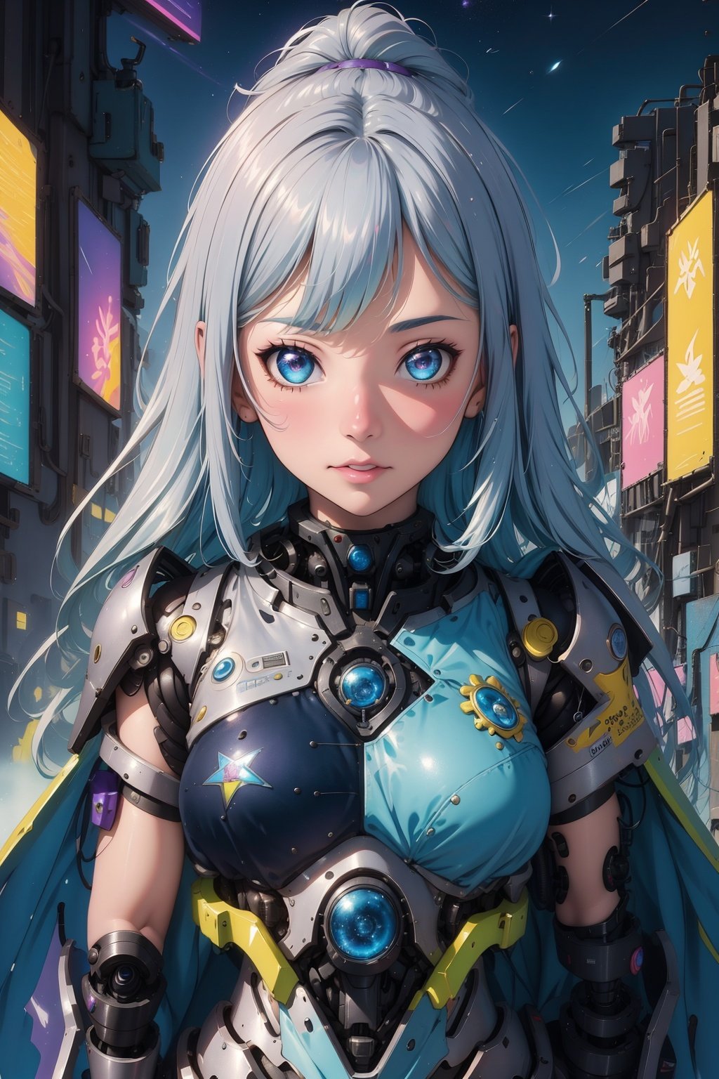 best quality,extremely detailed,detailed background,anime,a young beautiful girl,very long rainbow hair,(close shot),extremely detailed face,an extremely delicate and beautiful mecha girl,extremely detailed eyes,(floating silver grey hair),(Iridescence and rainbow hair),(gradient color mecha clothes),(black and blue and purple mecha clothes),Iridescence and rainbow mecha,（bodysuit：0.8）,(cyberpunk),((scifi)),((sci-fi)),night,space,horizon,beautiful detailed starry sky,top of the city,(dynamic posture),solo focus,close up,depth of field,bokeh,cinematic lighting,atmospheric lighting,science fiction,close up shot,close-up photo,(close to the camera),close to the lens,(close to the viewer)