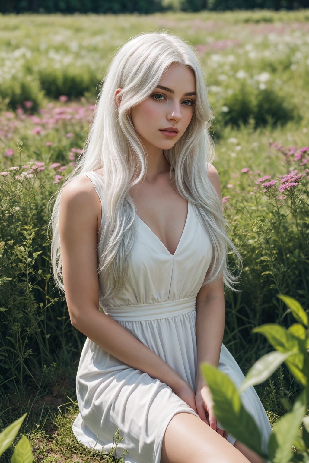 1girl with long white hair sitting in a field of green plants and flowers, her hand under her chin, warm lighting, white dress, blurry foreground, photorealistic, full image, full body,