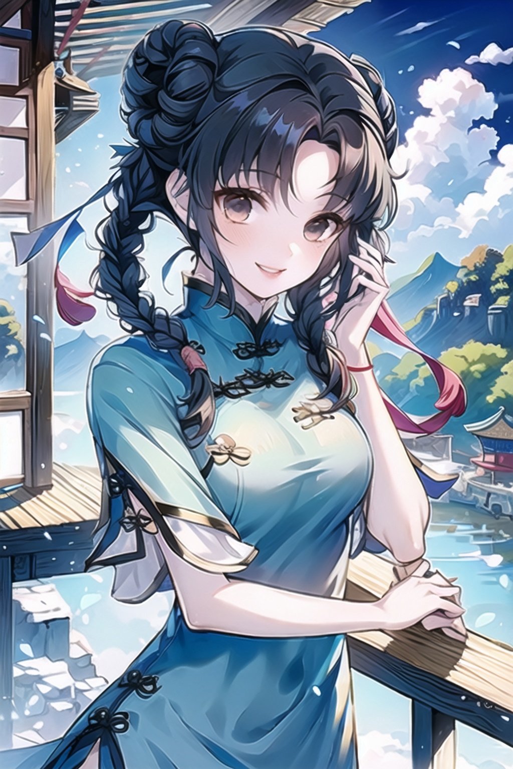 xishijiangnan, 蓝色发带,1girl, upper body, black hair, sky, solo, dress, hair bun, twin braids, blue dress, long hair, smile, leaf, double bun, looking at viewer, chinese clothes, cloud, mountain