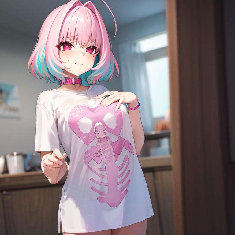 <lora:YumemiRiamuV4-000003:1>, YumemiRiamu, 1girl, yumemi_riamu,  naked_shirt, Skeleton_print