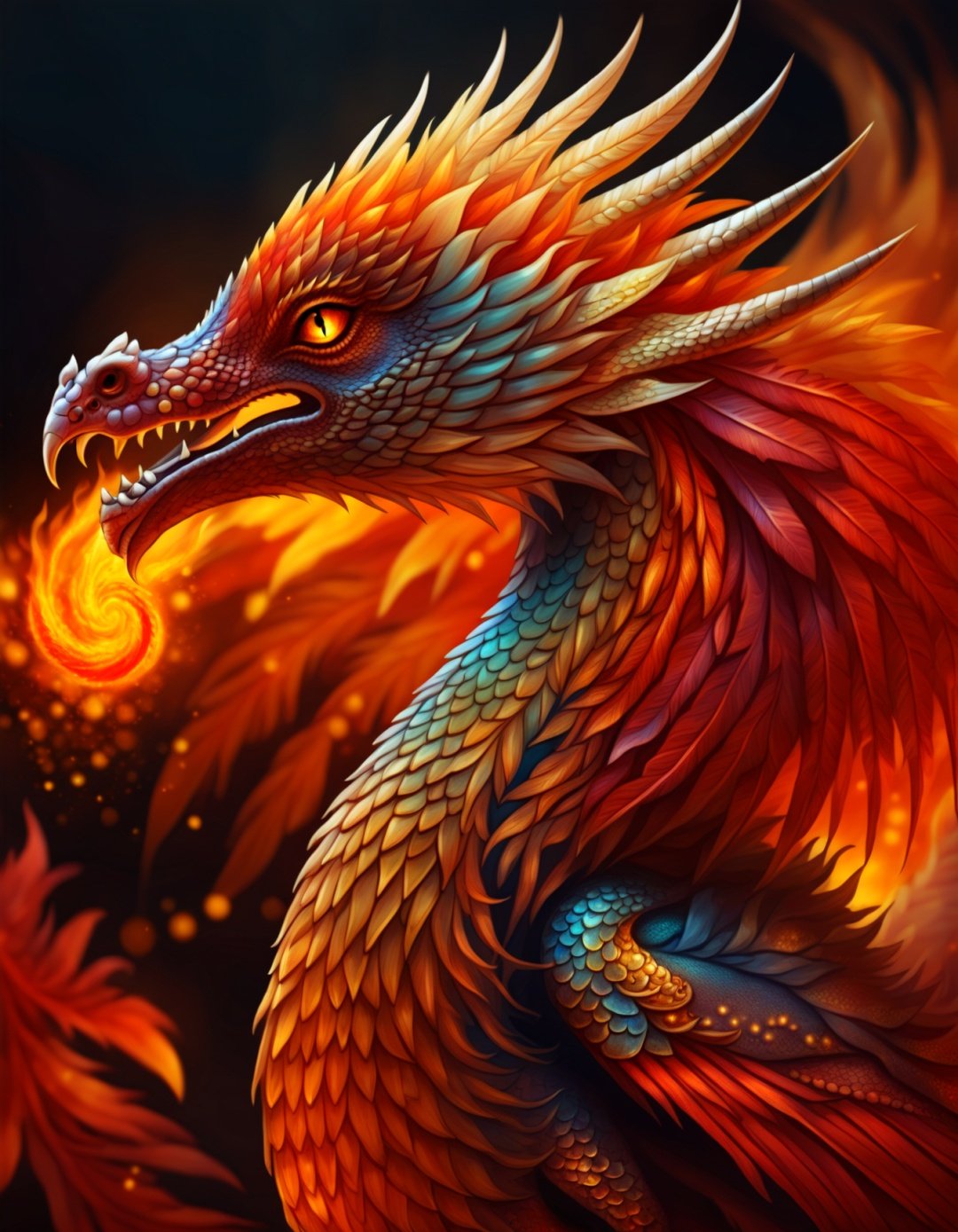 hand drawn illustration art of a beautiful eastern dragon, phoenix feathers, beak,fantasy forest background iridescent glowing dragon scales, fire essence, red and gold, fantasy, symmetrical dragon horns, digital art, (best quality)), intricate detailed, <lora:DTStyle:1> DTstyle,