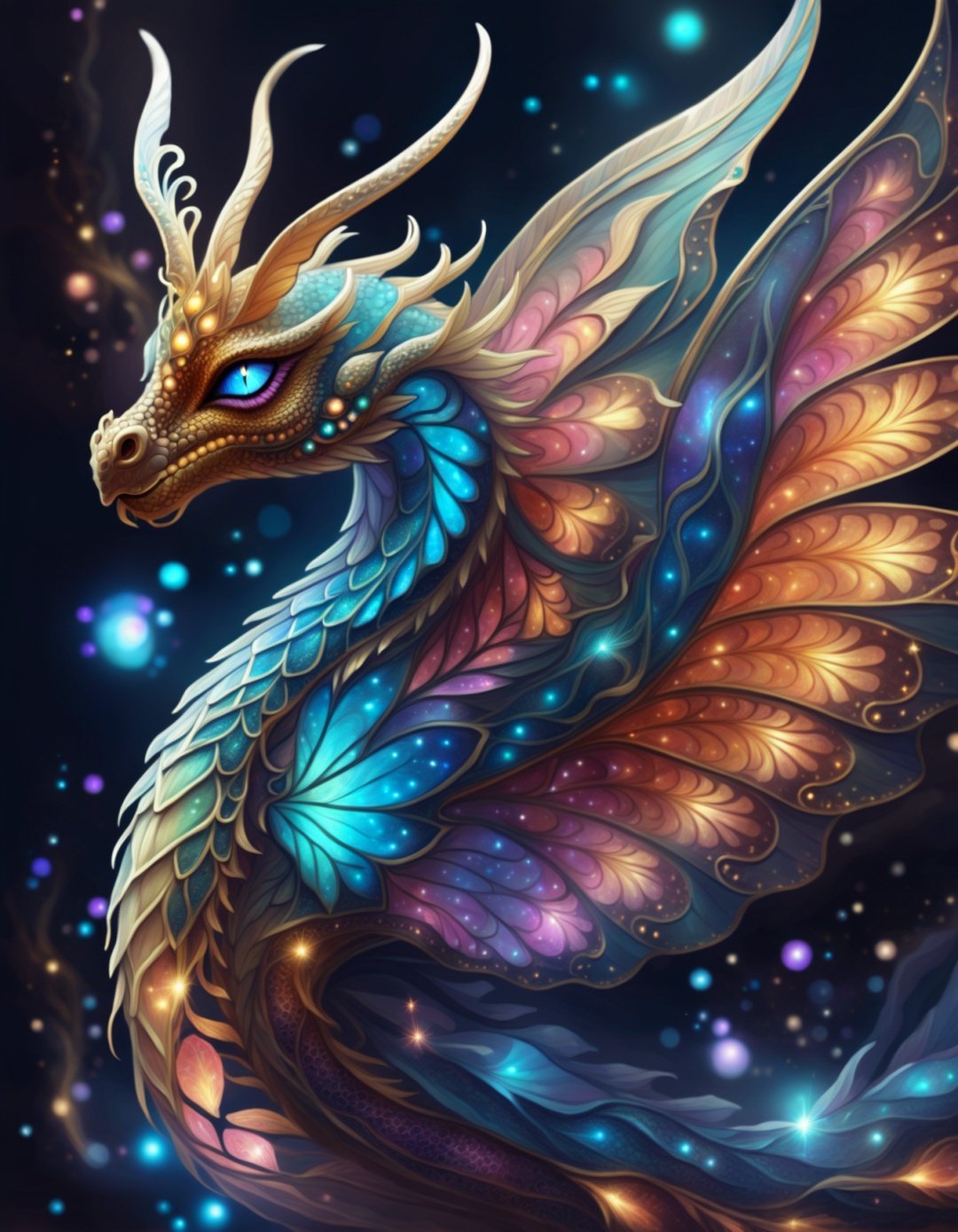 hand drawn art of a beautiful nebula butterfly dragon hybrid, sparkling lights, symmetrical wings, fantasy, symmetrical dragon horns, digital art, (best quality)), intricate detailed, <lora:DTStyle:1> DTstyle,