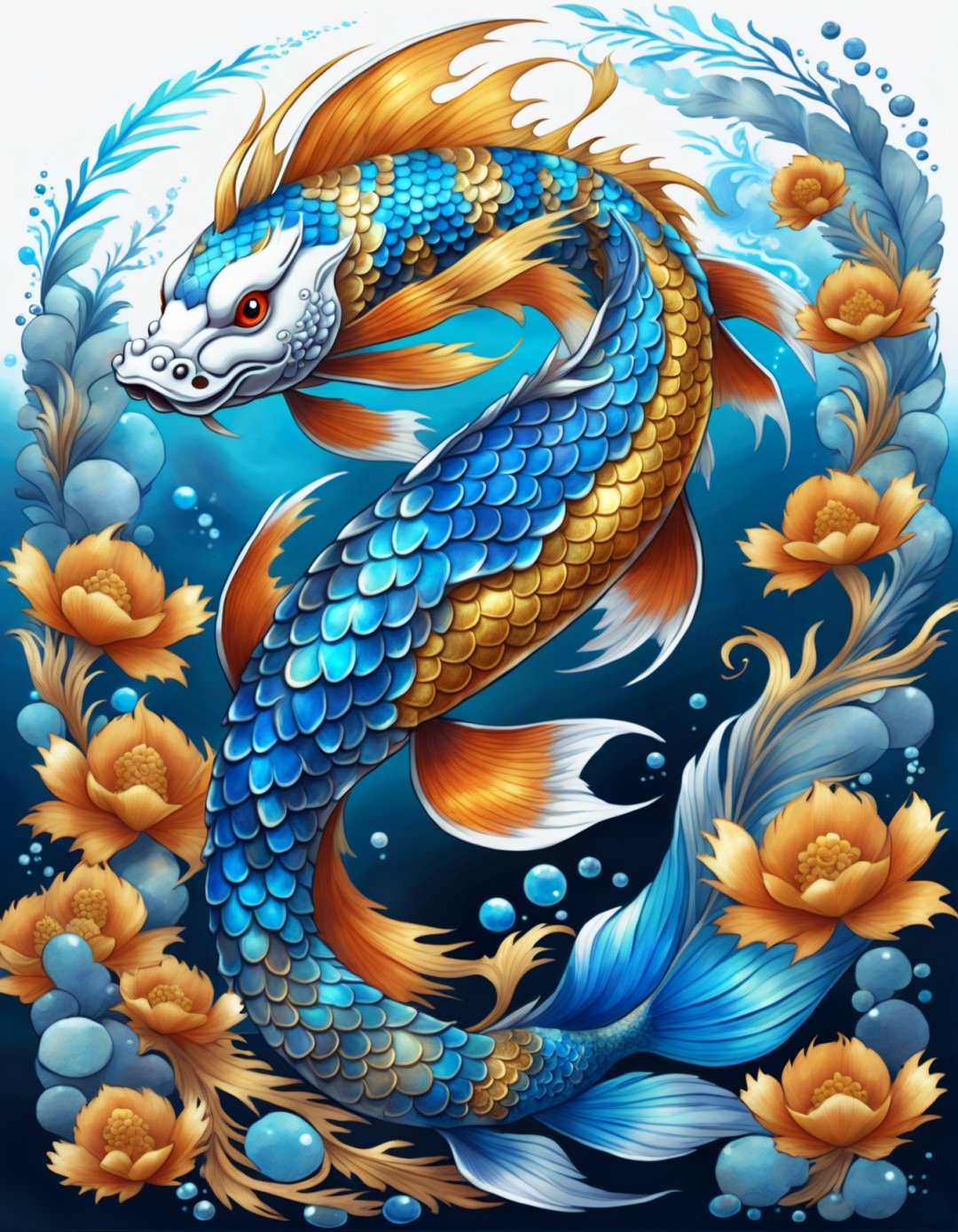 digital art concept of a koi dragon hybrid,pokemon, blue and gold, whimsical, fantasy, watercolor pencil sketch, 8k, intricate details, scaled feathers, underwater, digital art, fantasy dragon,<lora:DTStyle:1> DTstyle,