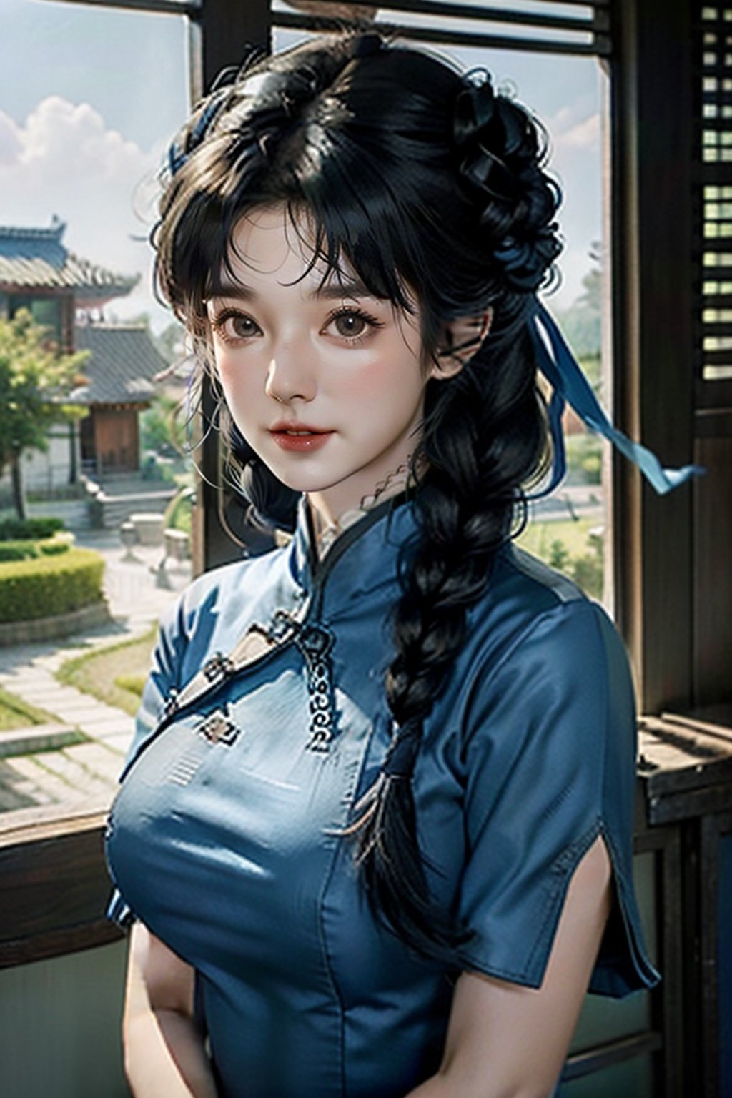 xishijiangnan, big chest, blue hairband,blue ribbons, big breast, very huge breast, 1girl, upper body, black hair, sky, solo, dress, hair bun, twin braids, blue dress, long hair, smile, leaf, double bun, looking at viewer, chinese clothes, cloud, mountain,beautiful detailed eyes